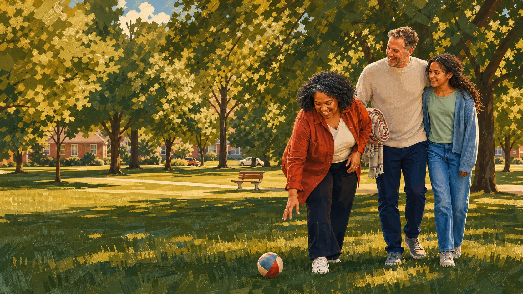 A family laughs together while playing with a ball in a neighborhood park