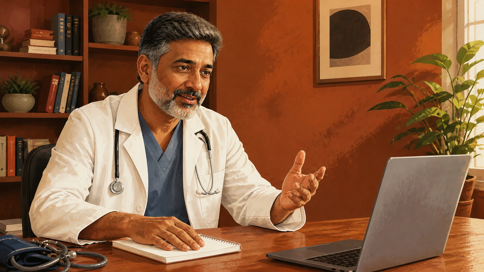 A physician in a white coat and blue scrubs speaks with a patient by video