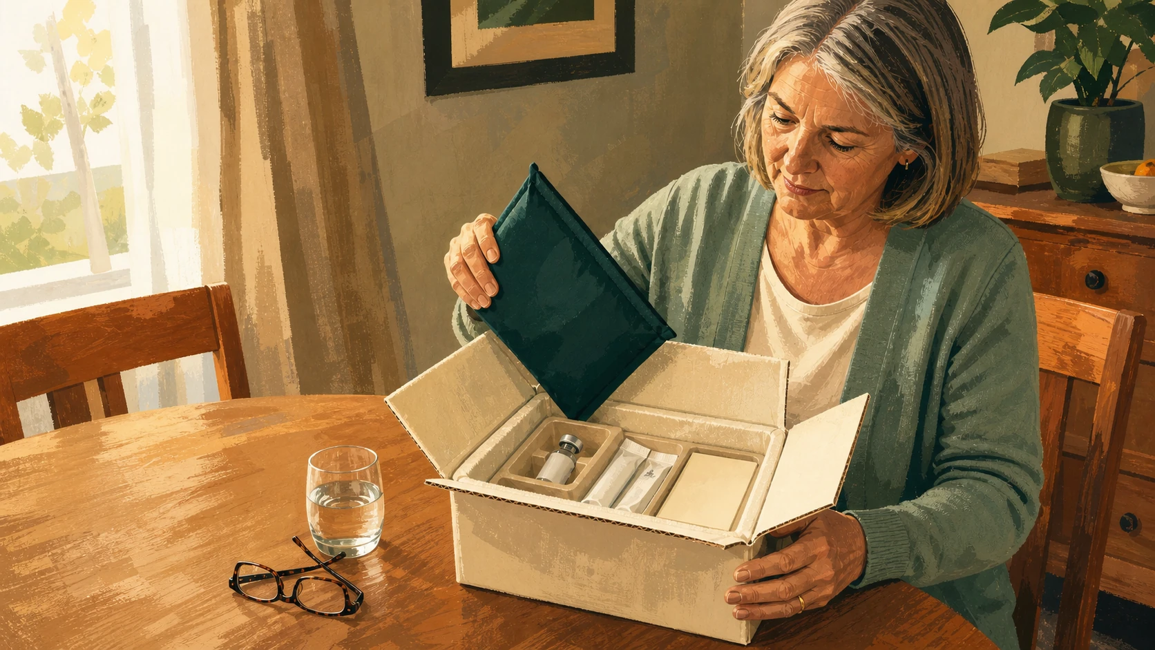 A woman opens an insulated medication delivery kit at her dining table