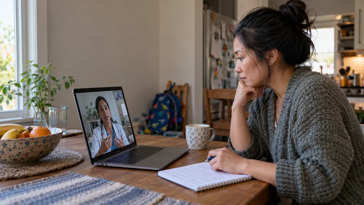 A woman at her kitchen table talks with her clinician on a video call
