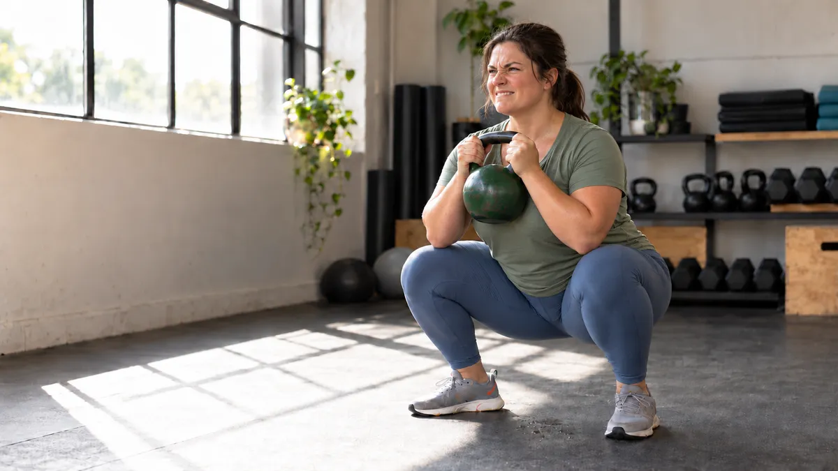 A woman holds a kettlebell in a controlled goblet squat in a neighborhood training studio