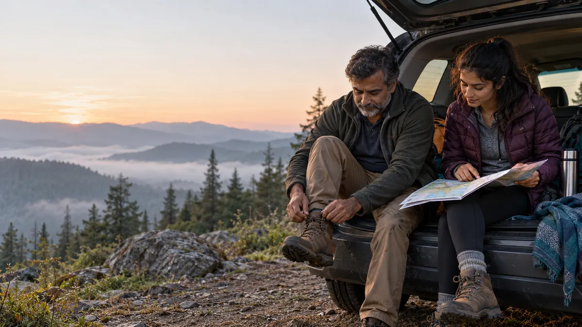 A father laces his boots while his adult daughter reads a trail map at sunrise