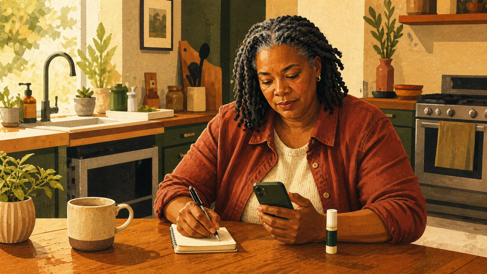 A woman reviews her NAD+ care plan on her phone and writes a question in a notebook.