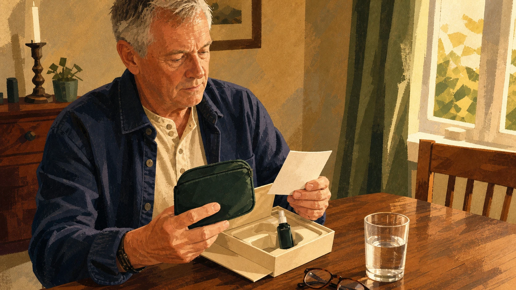 A man reviews a care card while opening a discreet nasal-care delivery.