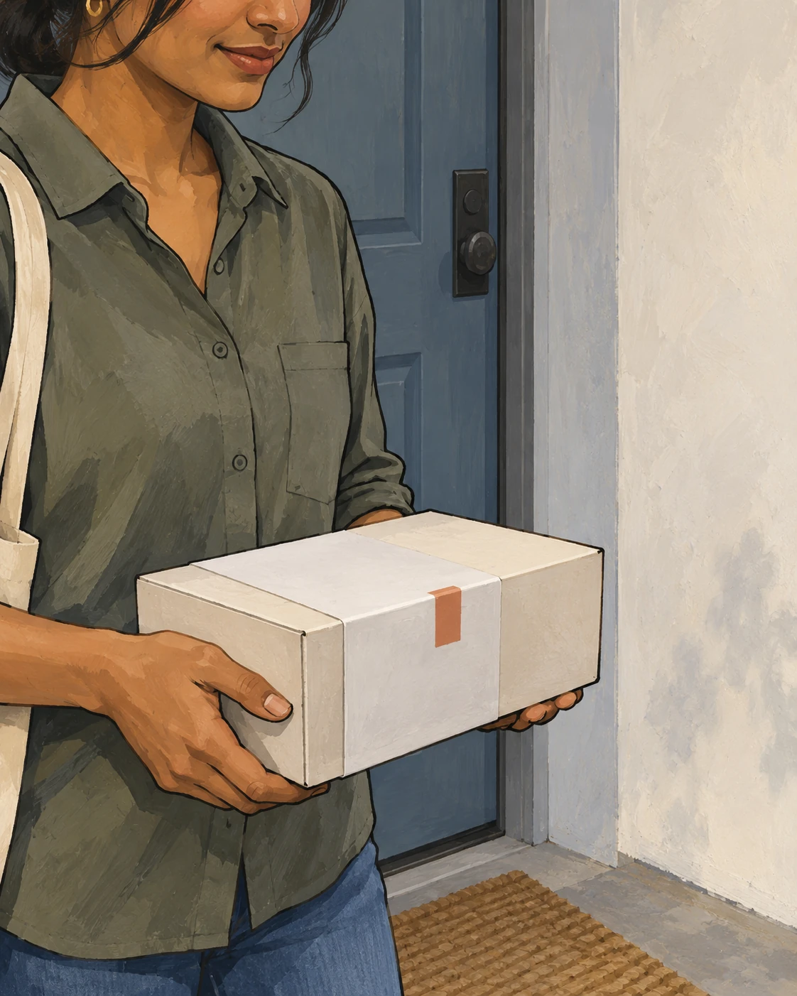 A woman holds a discreet medication delivery package at her doorway