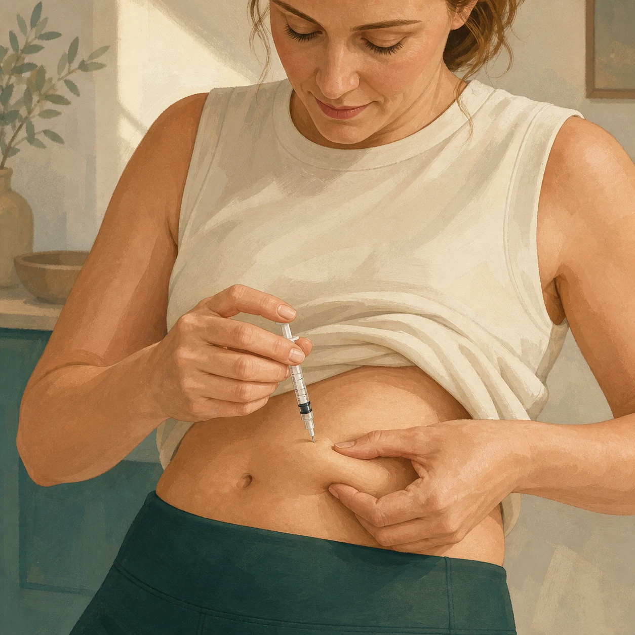 A patient administering her weekly injection at home