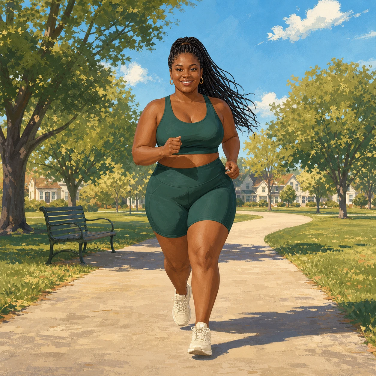 A patient out for a run on a tree-lined path at golden hour
