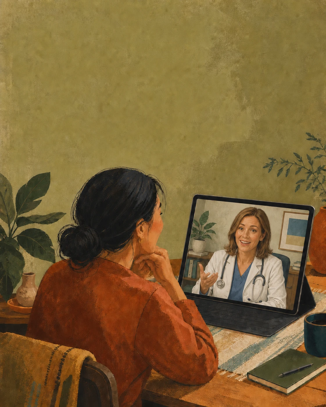 Patient at a kitchen table on a video visit with a clinician