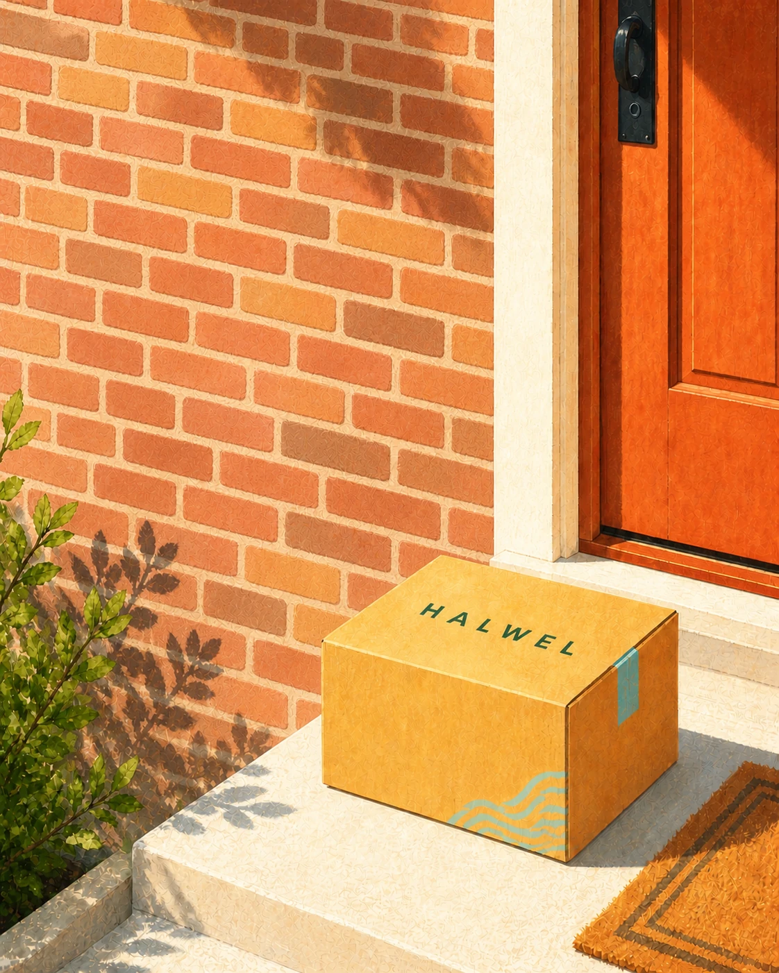 Halwel package on a sunlit doorstep