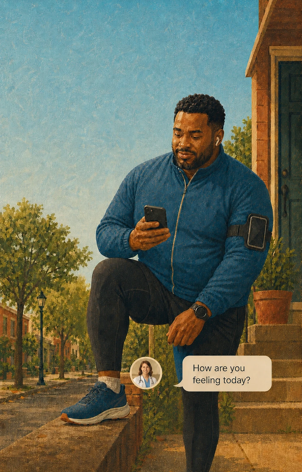Patient checking in with a clinician by phone from the front steps